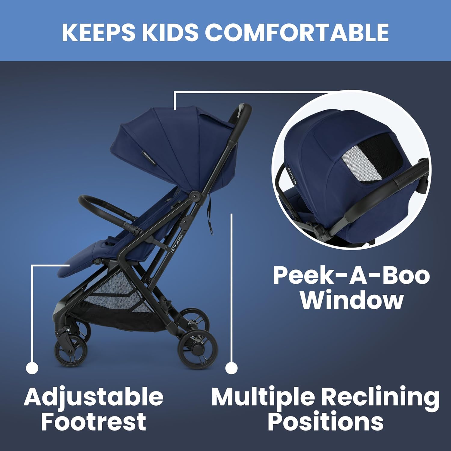 Delta Children Icon Ultra Compact Lightweight Everyday & Travel Stroller, Navy Delta Children Icon Ultra Compact Lightweight Everyday & Travel Stroller - One-Hand Fold - Only 15.6 Pounds - Fits in Overhead Compartments - Greenguard Gold Certified - Multi-Position Recline, Navy