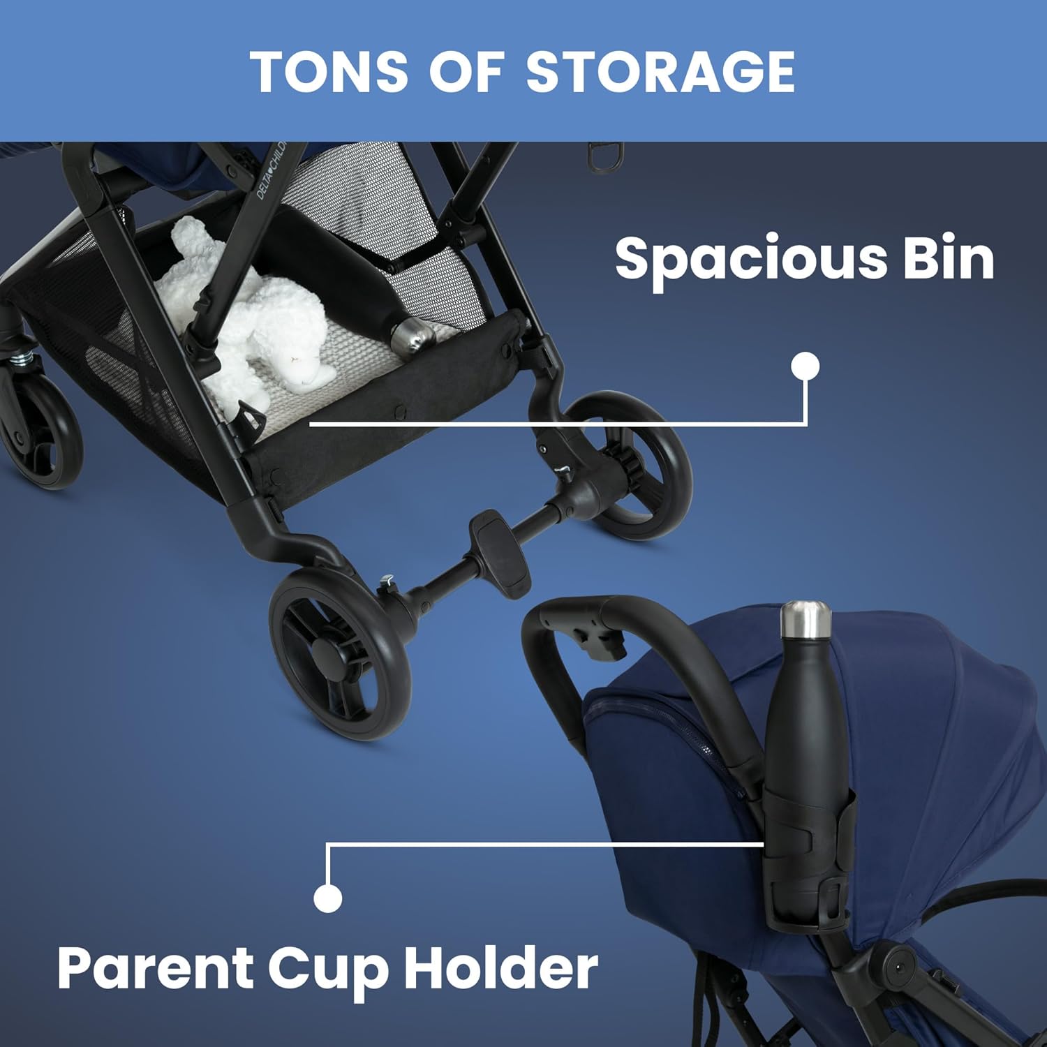 Delta Children Icon Ultra Compact Lightweight Everyday & Travel Stroller, Navy Delta Children Icon Ultra Compact Lightweight Everyday & Travel Stroller - One-Hand Fold - Only 15.6 Pounds - Fits in Overhead Compartments - Greenguard Gold Certified - Multi-Position Recline, Navy