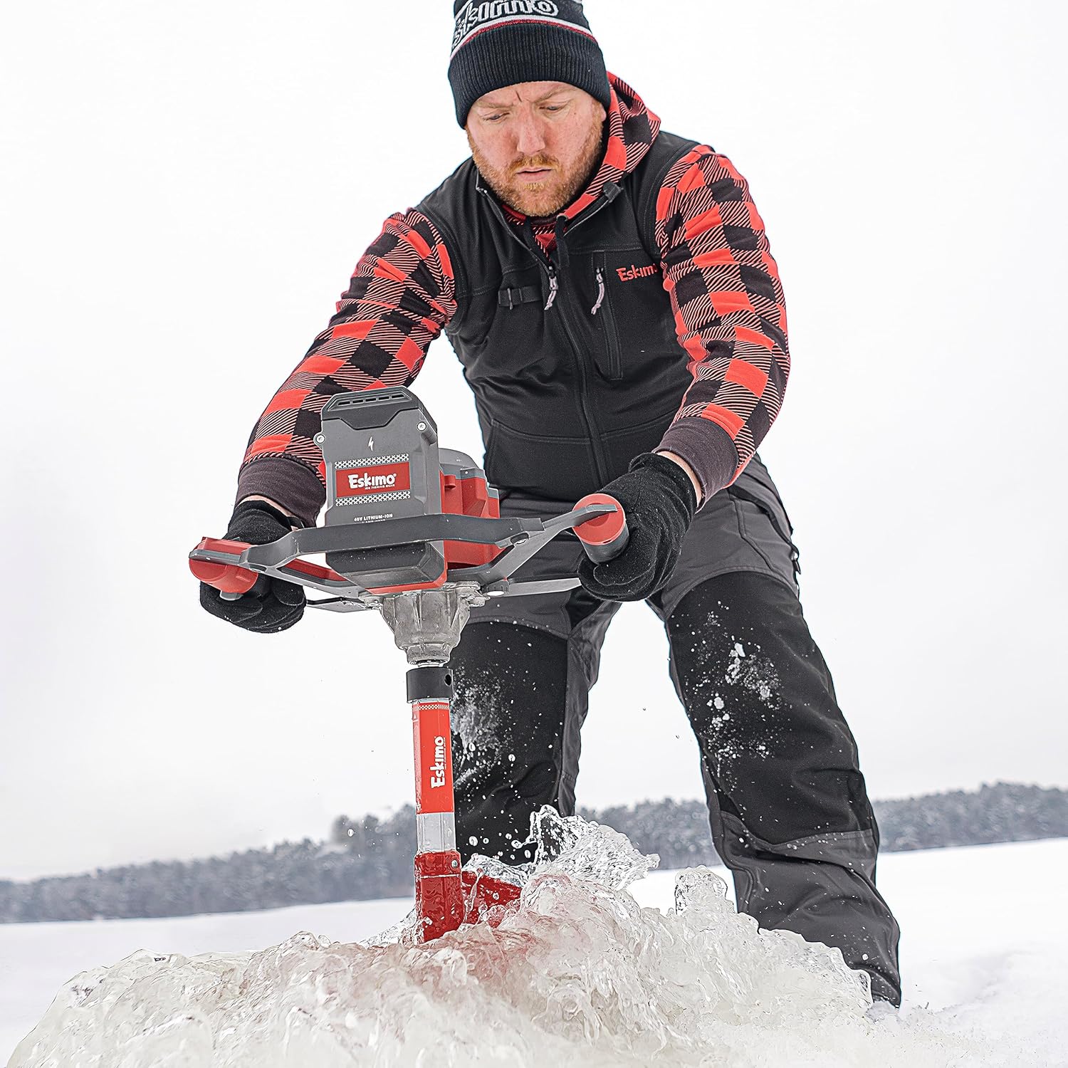 Eskimo E40 Electric Ice Fishing Auger, Full Power 40v Lithium-ion Battery, Lightweight Powerhead, Turbo Cutting System, Multi-Edge Blades, Red Eskimo E40 Electric Ice Fishing Auger, Full Power 40v Lithium-ion Battery, Lightweight Powerhead, Turbo Cutting System, Multi-Edge Blades, Red
