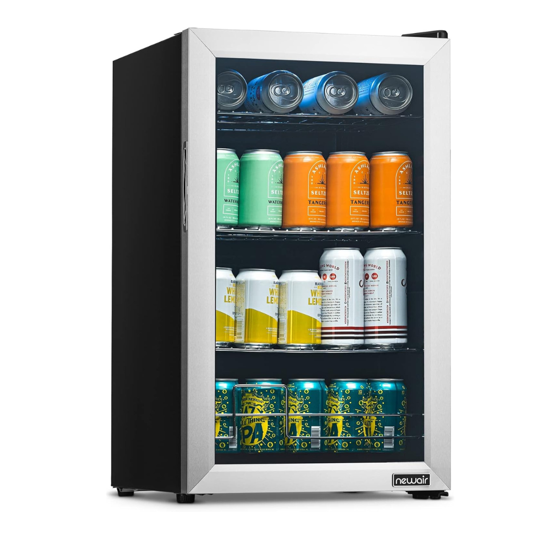 NewAir Small Cooler 2.4 Cu. Ft. Mini Fridge for Bedroom in Stainless Steel, 100 Can Capacity Beverage Refrigerator NewAir Small Cooler 2.4 Cu. Ft. Mini Fridge for Bedroom in Stainless Steel, 100 Can Capacity Beverage Refrigerator