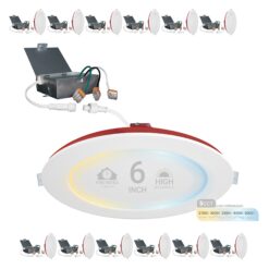 NUWATT 2 Hour Fire Rated Lights White 6-in 1200 -Lumens Switchable Round Dimmable LED Canless Wet rated Recessed Downlight 12 -Pack