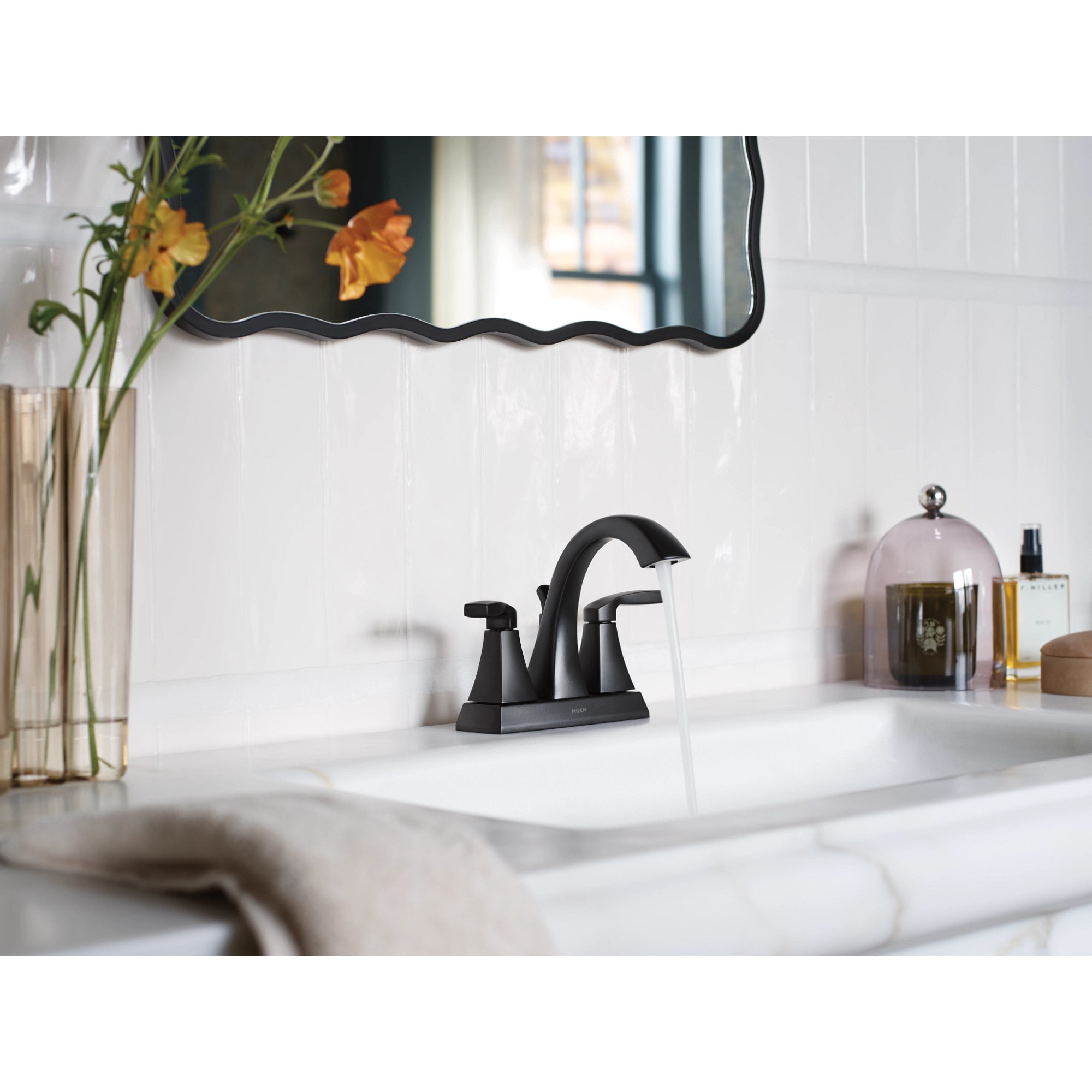 Moen Matte Black 4-in centerset 2-handle WaterSense High-arc Commercial/Residential Handle Bathroom Sink Faucet with Drain with Deck Plate Moen Matte Black 4-in centerset 2-handle WaterSense High-arc Commercial/Residential Handle Bathroom Sink Faucet with Drain with Deck Plate