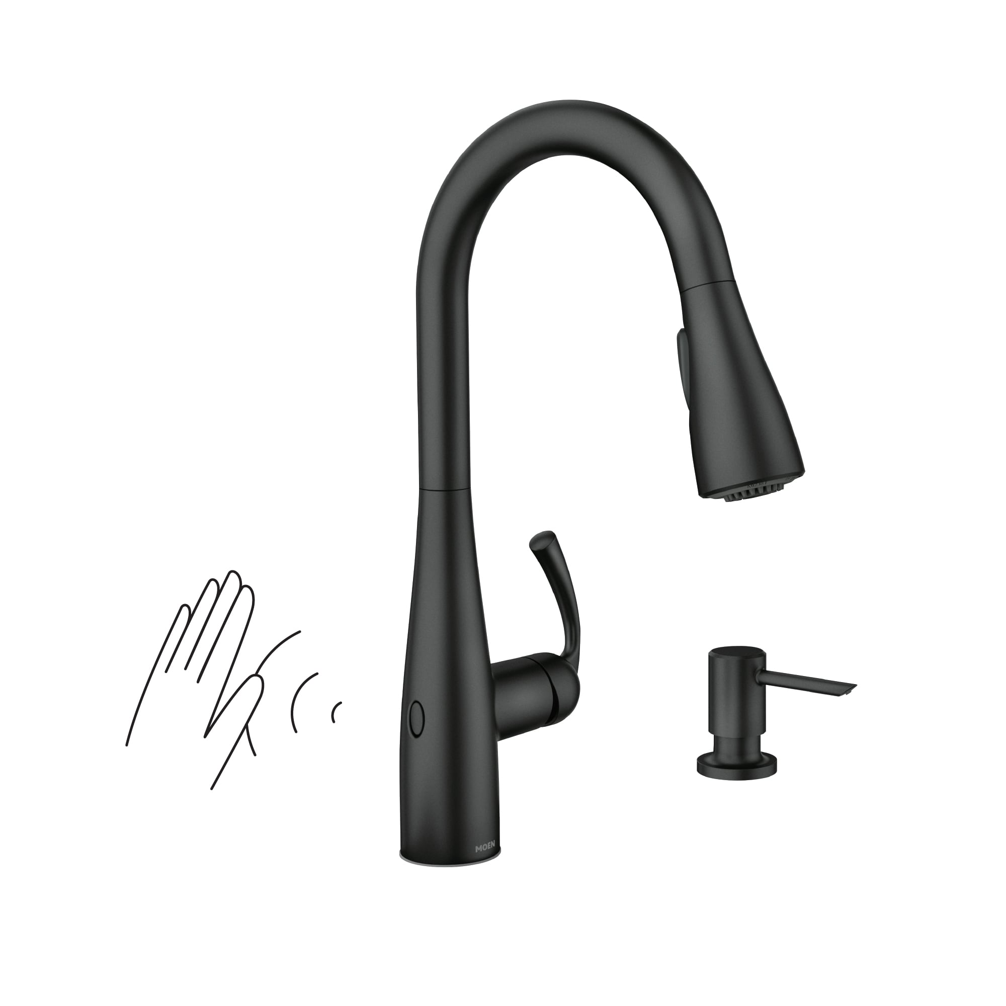 Moen Essie Matte Black Single Handle Deck-mount Touchless Pull-down Kitchen Faucet with Sprayer (Includes Deck Plate) (Includes Soap Dispenser) Moen Essie Matte Black Single Handle Deck-mount Touchless Pull-down Kitchen Faucet with Sprayer (Includes Deck Plate) (Includes Soap Dispenser)