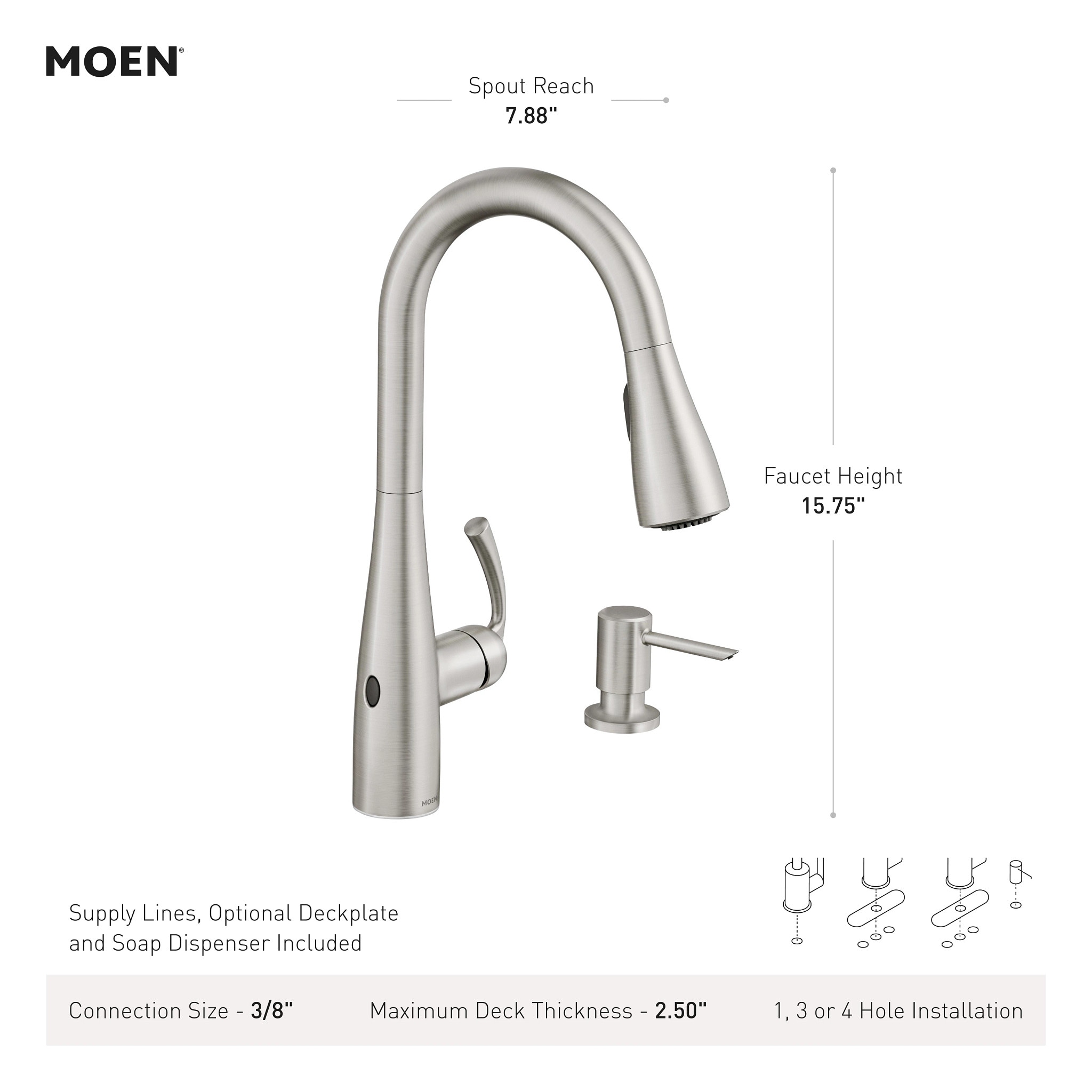 Moen Essie Matte Black Single Handle Deck-mount Touchless Pull-down Kitchen Faucet with Sprayer (Includes Deck Plate) (Includes Soap Dispenser) Moen Essie Matte Black Single Handle Deck-mount Touchless Pull-down Kitchen Faucet with Sprayer (Includes Deck Plate) (Includes Soap Dispenser)