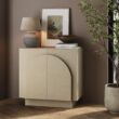 Nathan James Iris Mid Century Modern Arched Curio Cabinet with Beige Linen Finish, Wooden Storage Cabinet with Doors