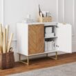 Nathan James Enloe Modern Storage Free Standing Accent Cabinet White with Doors in a Rustic Pine Wood Finish and Gold Powder-coated Metal Base for Hallway, Entryway or Living Room, Brown/White/Gold
