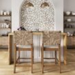 Nathan James Beacon Bohemian Boucle Bar Stool, Upholstered Counter Height Chair with Solid Wood Frame and Woven Seagrass Back for Kitchen Island, Light Brown/Seagrass/Cream Boucle