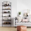 Nathan James Theo 6-Shelf Tall Bookcase, Wall Mount Bookshelf with Natural Wood Finish and Industrial Metal Frame, Nutmeg/Matte Black