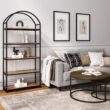 Nathan James Haven Etagere Bookshelf, 5-Shelf Bookcase in Oak Wood and Black Metal Frame with Arch Top and Open Shelves, Oak/Black