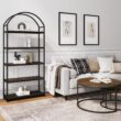 Nathan James Haven Etagere Bookshelf, 5-Shelf Bookcase in Nutmeg Wood and Black Metal Frame with Arch Top and Open Shelves, Nutmeg/Black