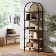 Nathan James Amara Bohemian 5-Shelf Etagere Bookcase, Rattan Open Bookshelf with Arch Top, Light Oak/Matte Black
