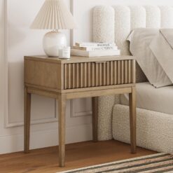 Nathan James Boho Jasper Wood Nightstand with Drawer, Fluted Side Table or End Table with Storage, Light Brown