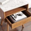 Nathan James Mid-Century Rectangle Accent Side or End Table Walnut Finish Wood and Faux Marble Top with Storage Nightstand, Frame, White/Brown