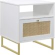 Nathan James Mina Rattan Wood End Side Accent Table Nightstand with Storage for Living Room or Bedroom, 1, White/Gold