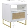 Nathan James Mina Rattan Wood End Side Accent Table Nightstand with Storage for Living Room or Bedroom, 1, White/Gold