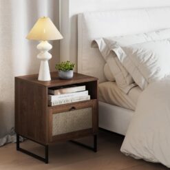 Nathan James Mina Boho Nightstand, Small Nightstand, Rattan End Table with Storage, Walnut Side Table with Rattan Accent