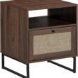 Nathan James Mina Boho Nightstand, Small Nightstand, Rattan End Table with Storage, Walnut Side Table with Rattan Accent
