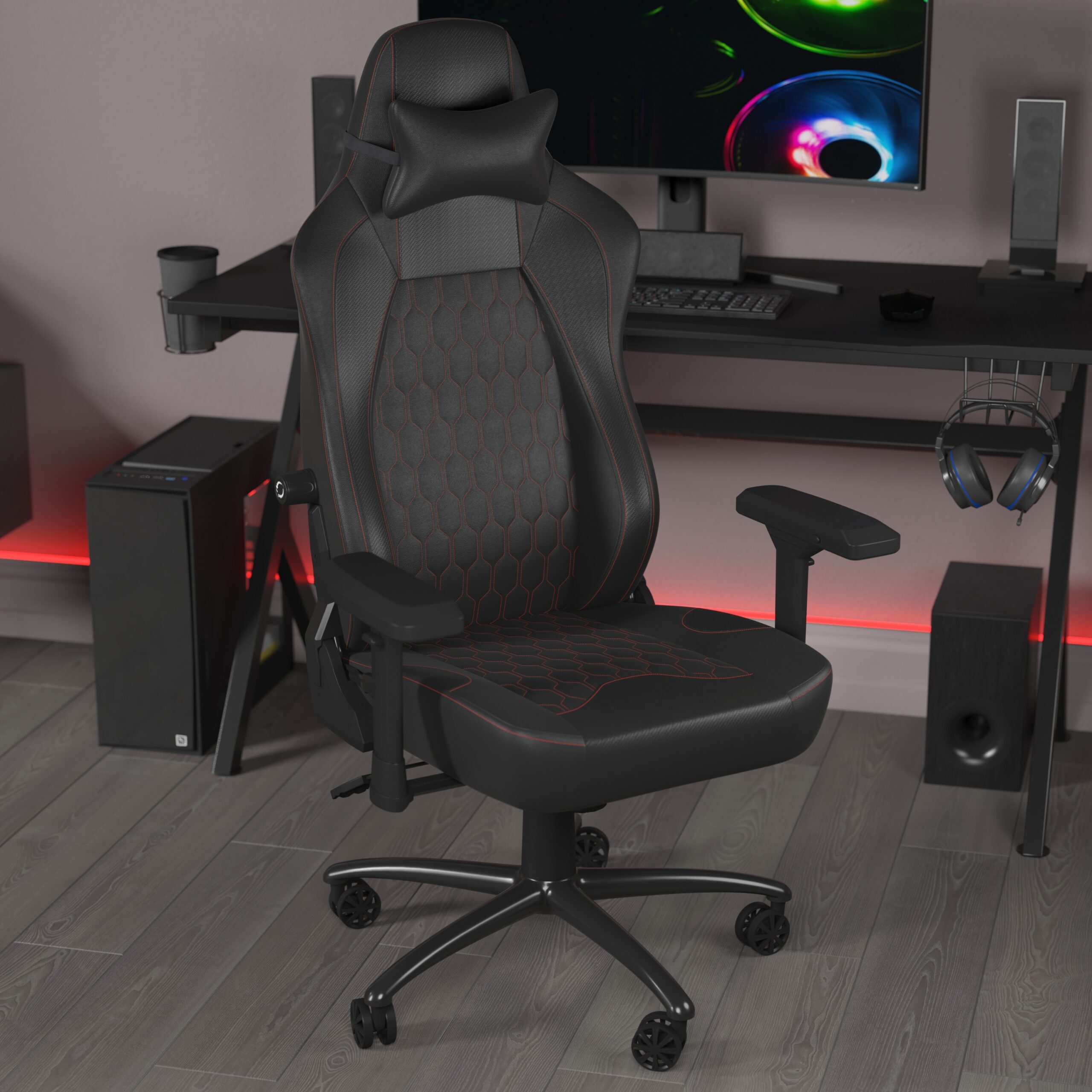Emma + Oliver Teknik Black Ergonomic High Back Adjustable Gaming Chair with 4D Armrests; Head Pillow and Adjustable Lumbar Support with Red Stitching Emma + Oliver Teknik Black Ergonomic High Back Adjustable Gaming Chair with 4D Armrests; Head Pillow and Adjustable Lumbar Support with Red Stitching