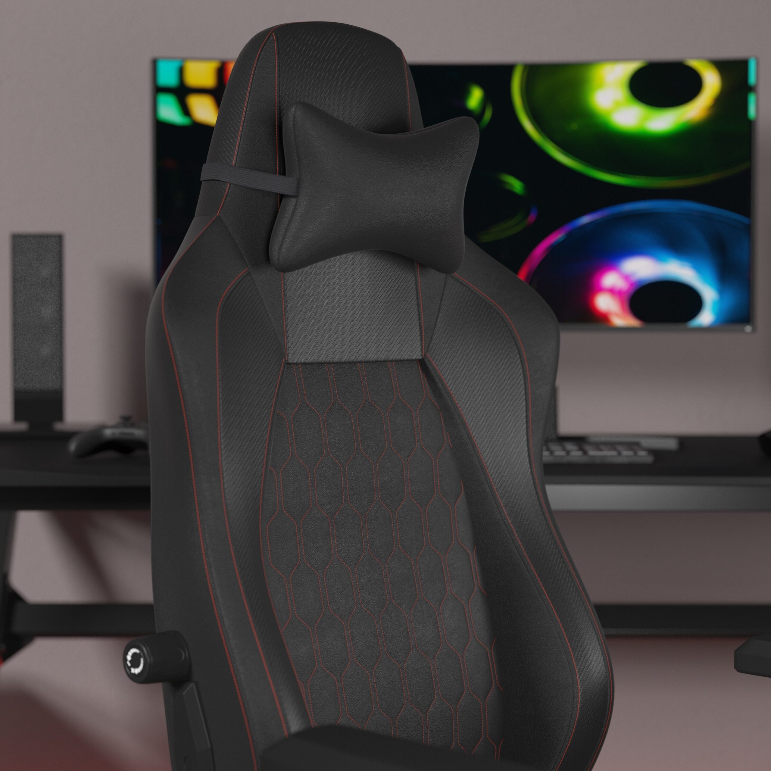 Emma + Oliver Teknik Black Ergonomic High Back Adjustable Gaming Chair with 4D Armrests; Head Pillow and Adjustable Lumbar Support with Red Stitching Emma + Oliver Teknik Black Ergonomic High Back Adjustable Gaming Chair with 4D Armrests; Head Pillow and Adjustable Lumbar Support with Red Stitching