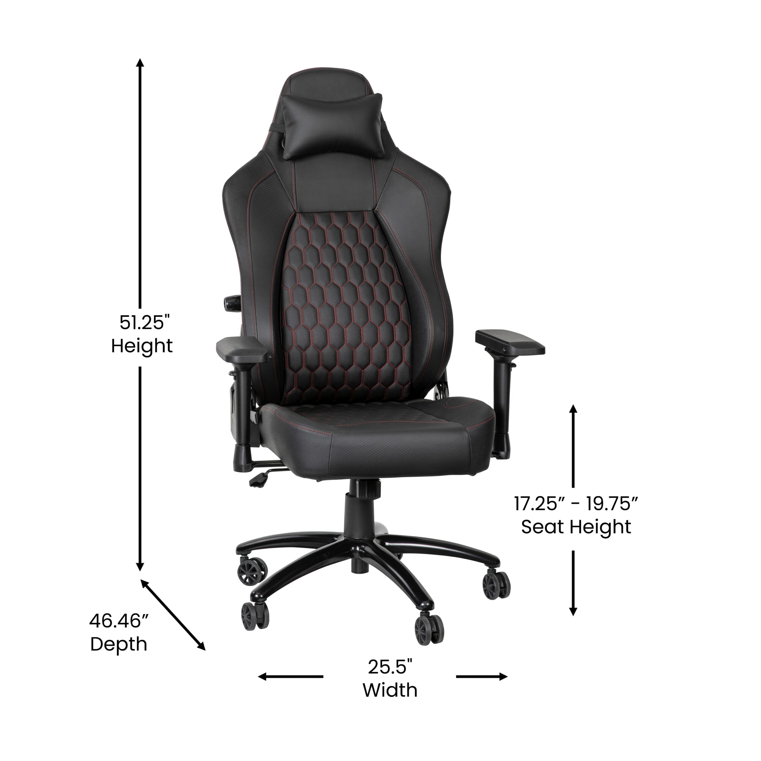 Emma + Oliver Teknik Black Ergonomic High Back Adjustable Gaming Chair with 4D Armrests; Head Pillow and Adjustable Lumbar Support with Red Stitching Emma + Oliver Teknik Black Ergonomic High Back Adjustable Gaming Chair with 4D Armrests; Head Pillow and Adjustable Lumbar Support with Red Stitching