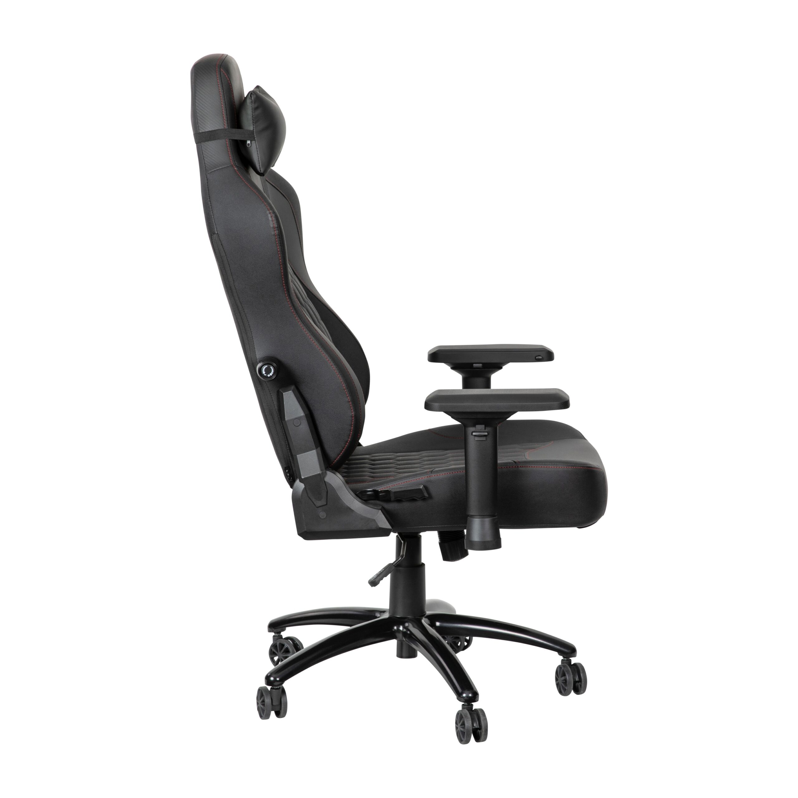 Emma + Oliver Teknik Black Ergonomic High Back Adjustable Gaming Chair with 4D Armrests; Head Pillow and Adjustable Lumbar Support with Red Stitching Emma + Oliver Teknik Black Ergonomic High Back Adjustable Gaming Chair with 4D Armrests; Head Pillow and Adjustable Lumbar Support with Red Stitching