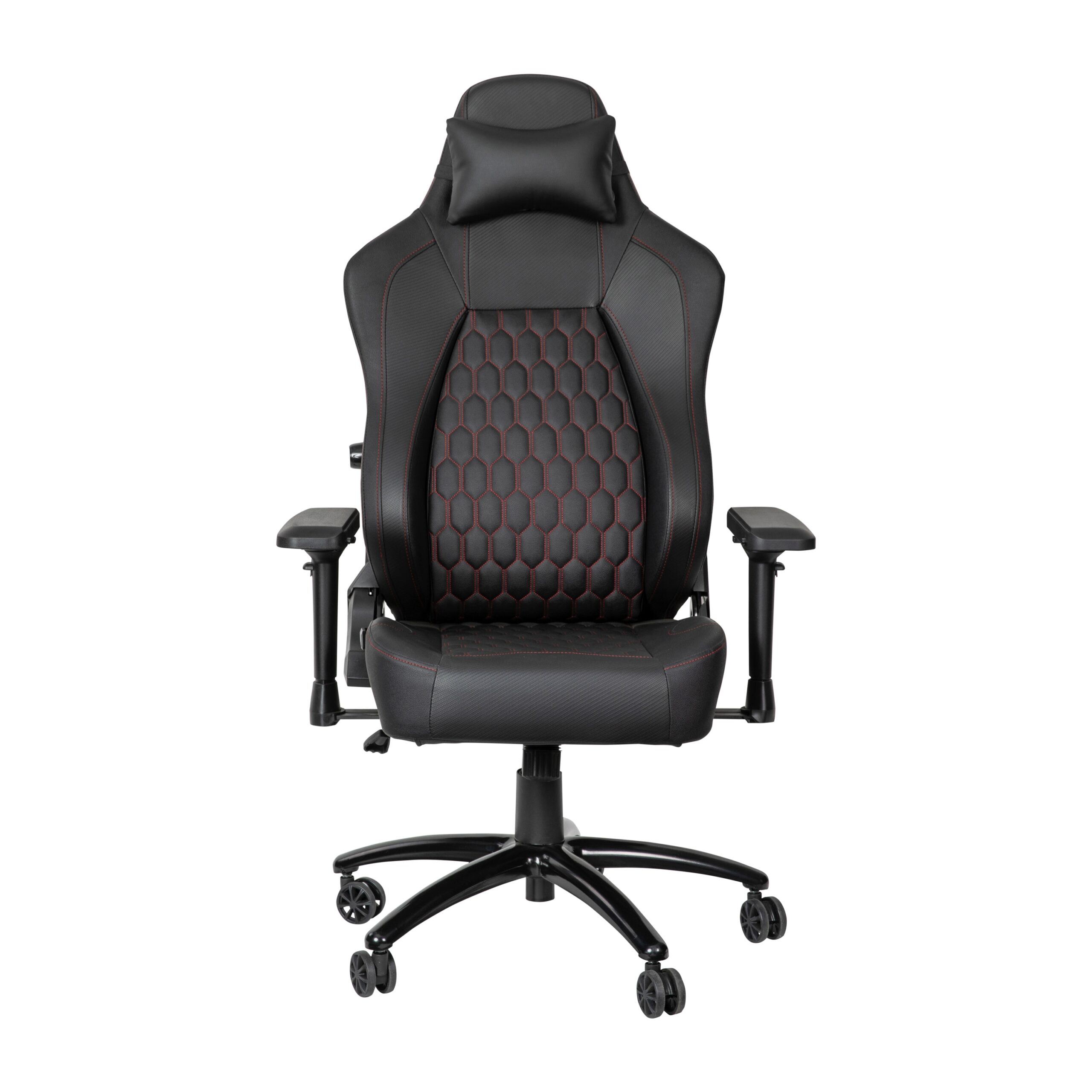 Emma + Oliver Teknik Black Ergonomic High Back Adjustable Gaming Chair with 4D Armrests; Head Pillow and Adjustable Lumbar Support with Red Stitching Emma + Oliver Teknik Black Ergonomic High Back Adjustable Gaming Chair with 4D Armrests; Head Pillow and Adjustable Lumbar Support with Red Stitching