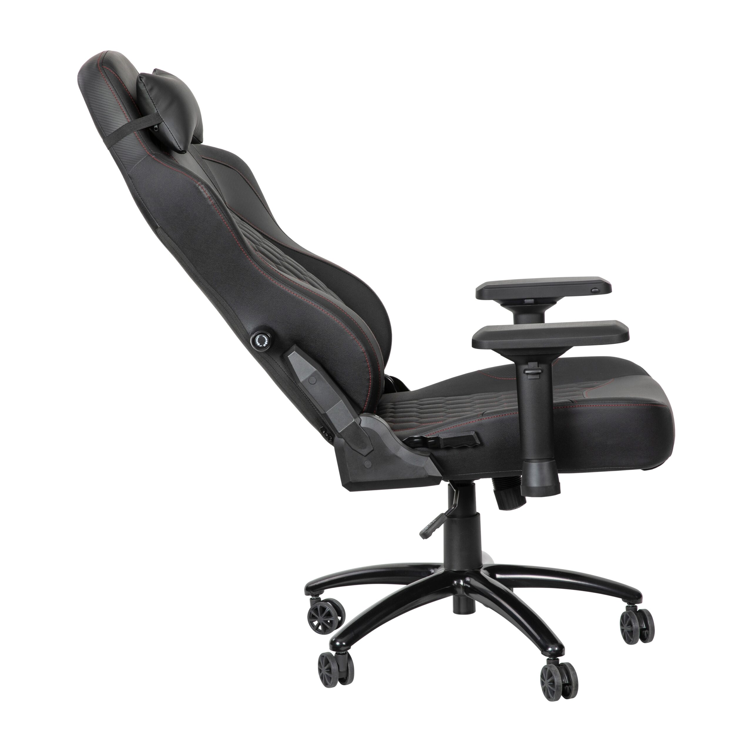 Emma + Oliver Teknik Black Ergonomic High Back Adjustable Gaming Chair with 4D Armrests; Head Pillow and Adjustable Lumbar Support with Red Stitching Emma + Oliver Teknik Black Ergonomic High Back Adjustable Gaming Chair with 4D Armrests; Head Pillow and Adjustable Lumbar Support with Red Stitching