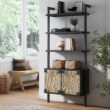 Nathan James Beacon 3-Shelf Bookcase with Seagrass Cabinet, Solid Wood Boho Bookshelf with Storage with Solid Wood Frame, Seagrass/Black