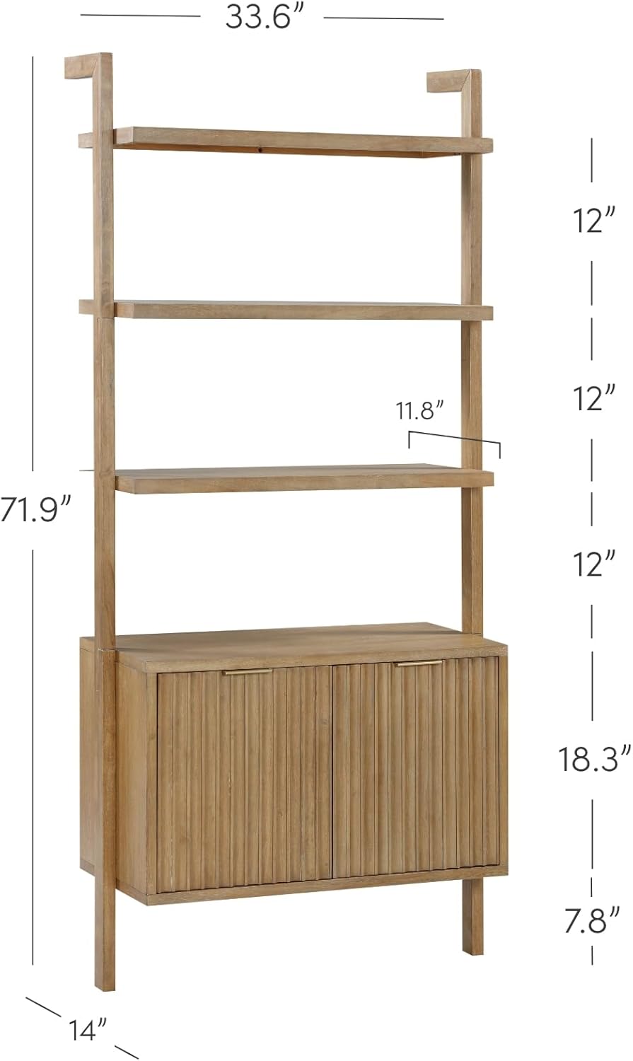 Nathan James Jasper 3-Shelf Solid Wood Boho Bookshelf, Wall Mounted Bookshelf with Cabinet with Fluted Doors, Light Brown Nathan James Jasper 3-Shelf Solid Wood Boho Bookshelf, Wall Mounted Bookshelf with Cabinet with Fluted Doors, Light Brown
