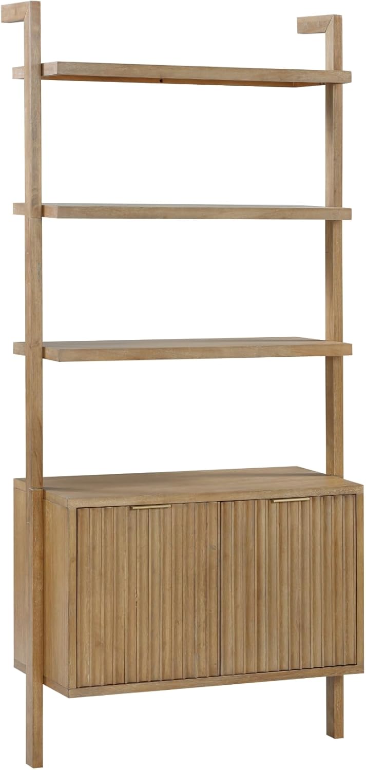 Nathan James Jasper 3-Shelf Solid Wood Boho Bookshelf, Wall Mounted Bookshelf with Cabinet with Fluted Doors, Light Brown Nathan James Jasper 3-Shelf Solid Wood Boho Bookshelf, Wall Mounted Bookshelf with Cabinet with Fluted Doors, Light Brown