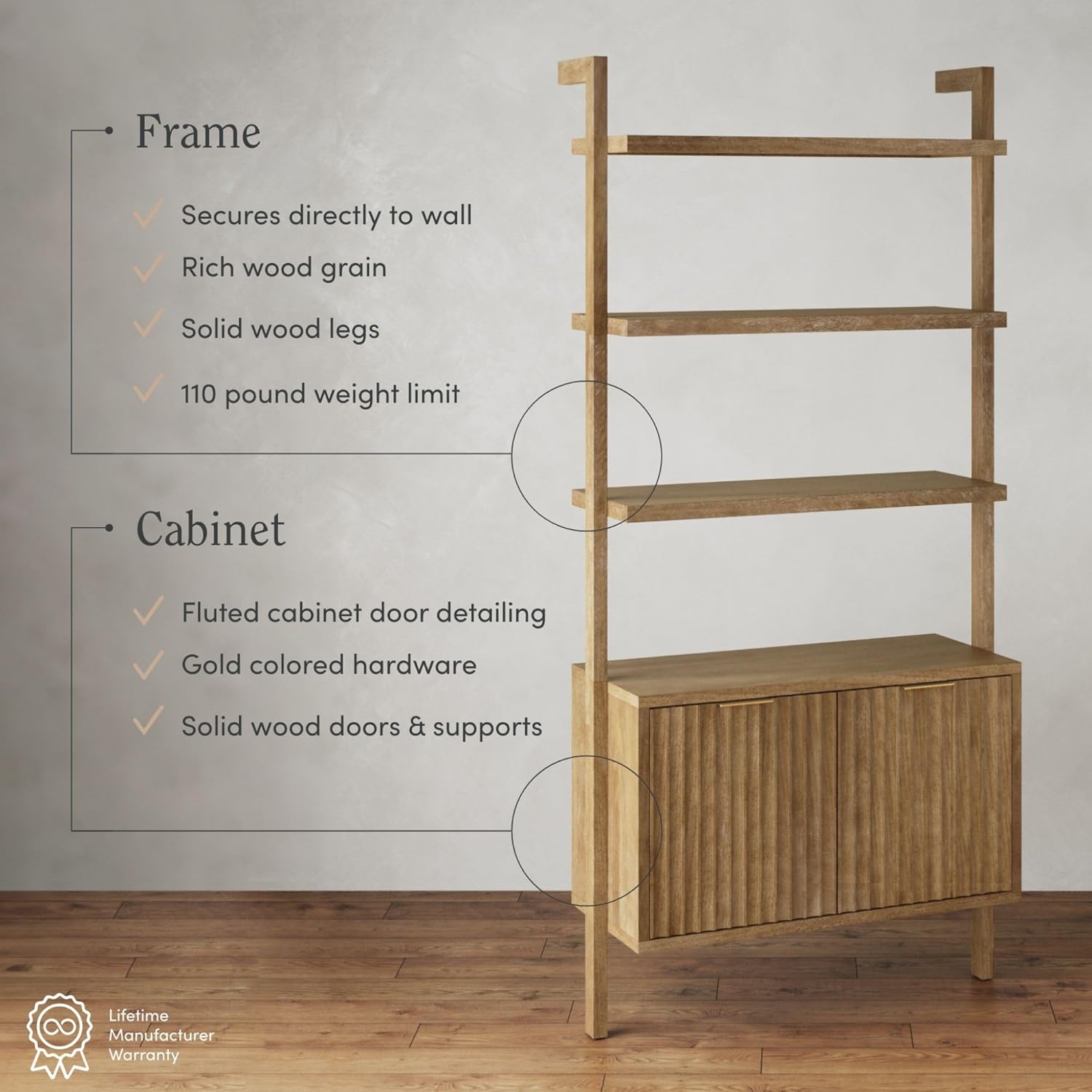 Nathan James Jasper 3-Shelf Solid Wood Boho Bookshelf, Wall Mounted Bookshelf with Cabinet with Fluted Doors, Light Brown Nathan James Jasper 3-Shelf Solid Wood Boho Bookshelf, Wall Mounted Bookshelf with Cabinet with Fluted Doors, Light Brown