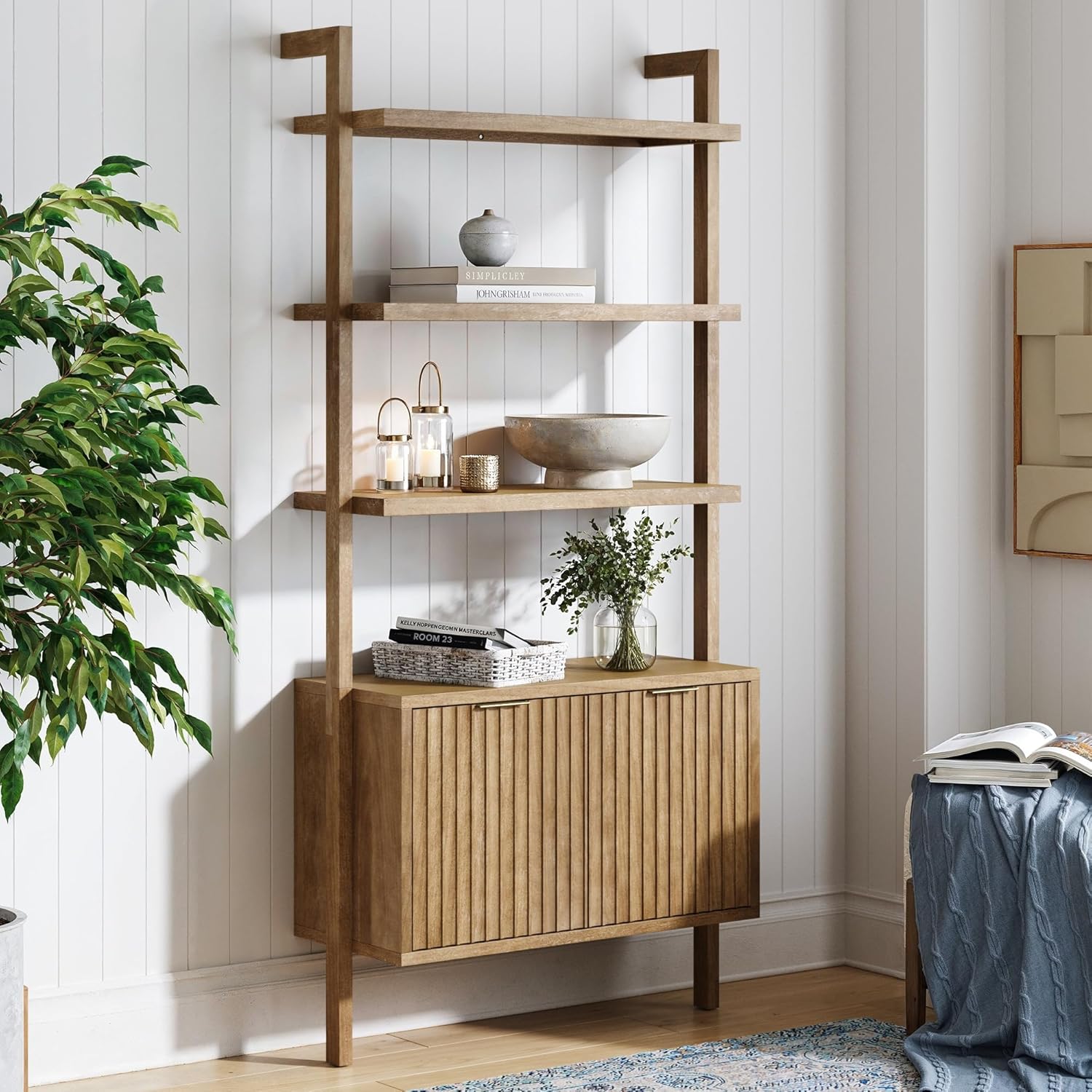 Nathan James Jasper 3-Shelf Solid Wood Boho Bookshelf, Wall Mounted Bookshelf with Cabinet with Fluted Doors, Light Brown Nathan James Jasper 3-Shelf Solid Wood Boho Bookshelf, Wall Mounted Bookshelf with Cabinet with Fluted Doors, Light Brown