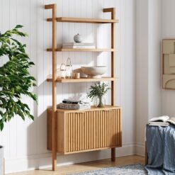 Nathan James Jasper 3-Shelf Solid Wood Boho Bookshelf, Wall Mounted Bookshelf with Cabinet with Fluted Doors, Natural Brown