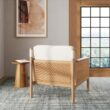Nathan James Hemming Upholstered Armchair, Solid Wood Accent Chair with Boucle Upholstery and Faux Rattan Arm Inlay, Cream/Raw Oak
