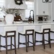 Nathan James Gracie Modern Counter Height Bar Stool with Back, Counter Stool Upholstered Chair with Natural Textured Linen and Brushed Wooden Legs, Cream Boucle/Dark Brown