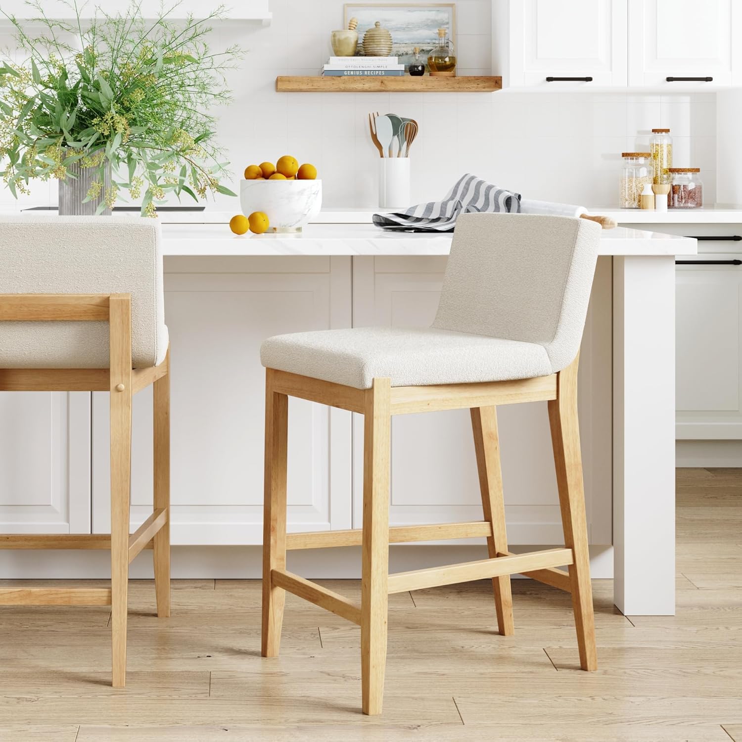 Nathan James Gracie Modern Counter Height Bar Stool with Back, Counter Stool Upholstered Chair with Natural Textured Linen and Brushed Wooden Legs, Cream Boucle/Light Brown Nathan James Gracie Modern Counter Height Bar Stool with Back, Counter Stool Upholstered Chair with Natural Textured Linen and Brushed Wooden Legs, Cream Boucle/Light Brown