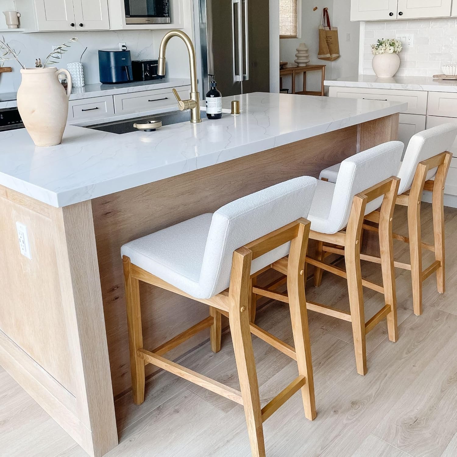 Nathan James Gracie Modern Counter Height Bar Stool with Back, Counter Stool Upholstered Chair with Natural Textured Linen and Brushed Wooden Legs, Cream Boucle/Light Brown Nathan James Gracie Modern Counter Height Bar Stool with Back, Counter Stool Upholstered Chair with Natural Textured Linen and Brushed Wooden Legs, Cream Boucle/Light Brown