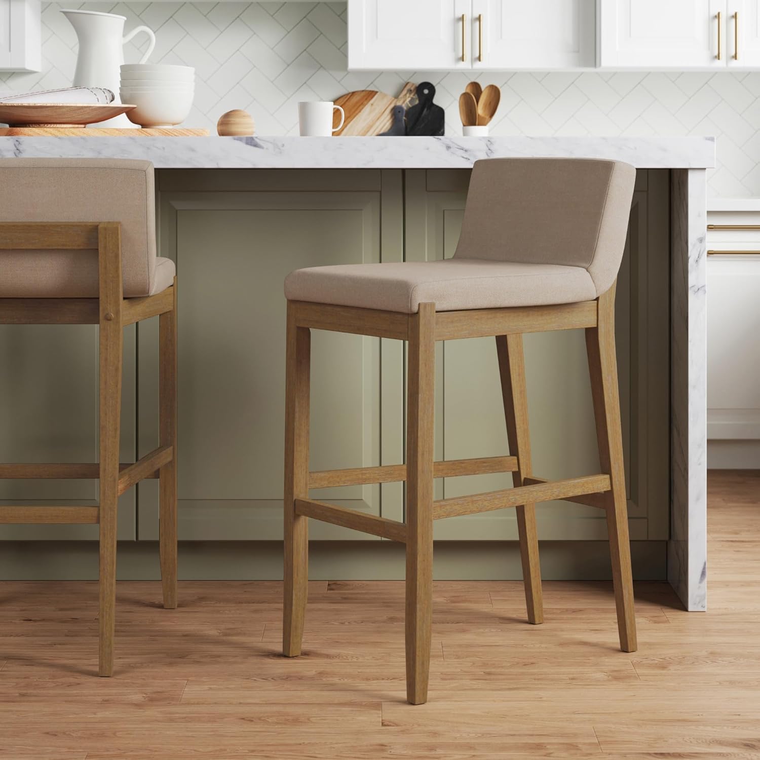 Nathan James Gracie Modern Bar Stool with Back, Cushioned Bar Height Stool with Natural Flax Upholstery and Brushed Wooden Legs, Natural Flax/Brown Nathan James Gracie Modern Bar Stool with Back, Cushioned Bar Height Stool with Natural Flax Upholstery and Brushed Wooden Legs, Natural Flax/Brown