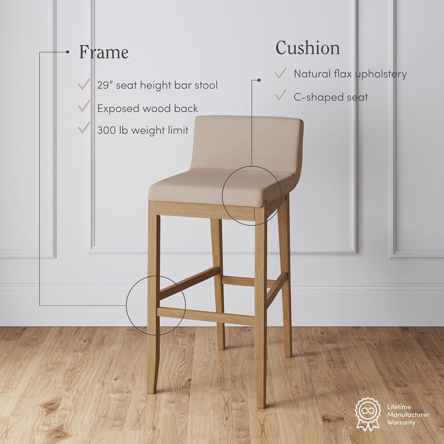 Nathan James Gracie Modern Bar Stool with Back, Cushioned Bar Height Stool with Natural Flax Upholstery and Brushed Wooden Legs, Natural Flax/Brown Nathan James Gracie Modern Bar Stool with Back, Cushioned Bar Height Stool with Natural Flax Upholstery and Brushed Wooden Legs, Natural Flax/Brown
