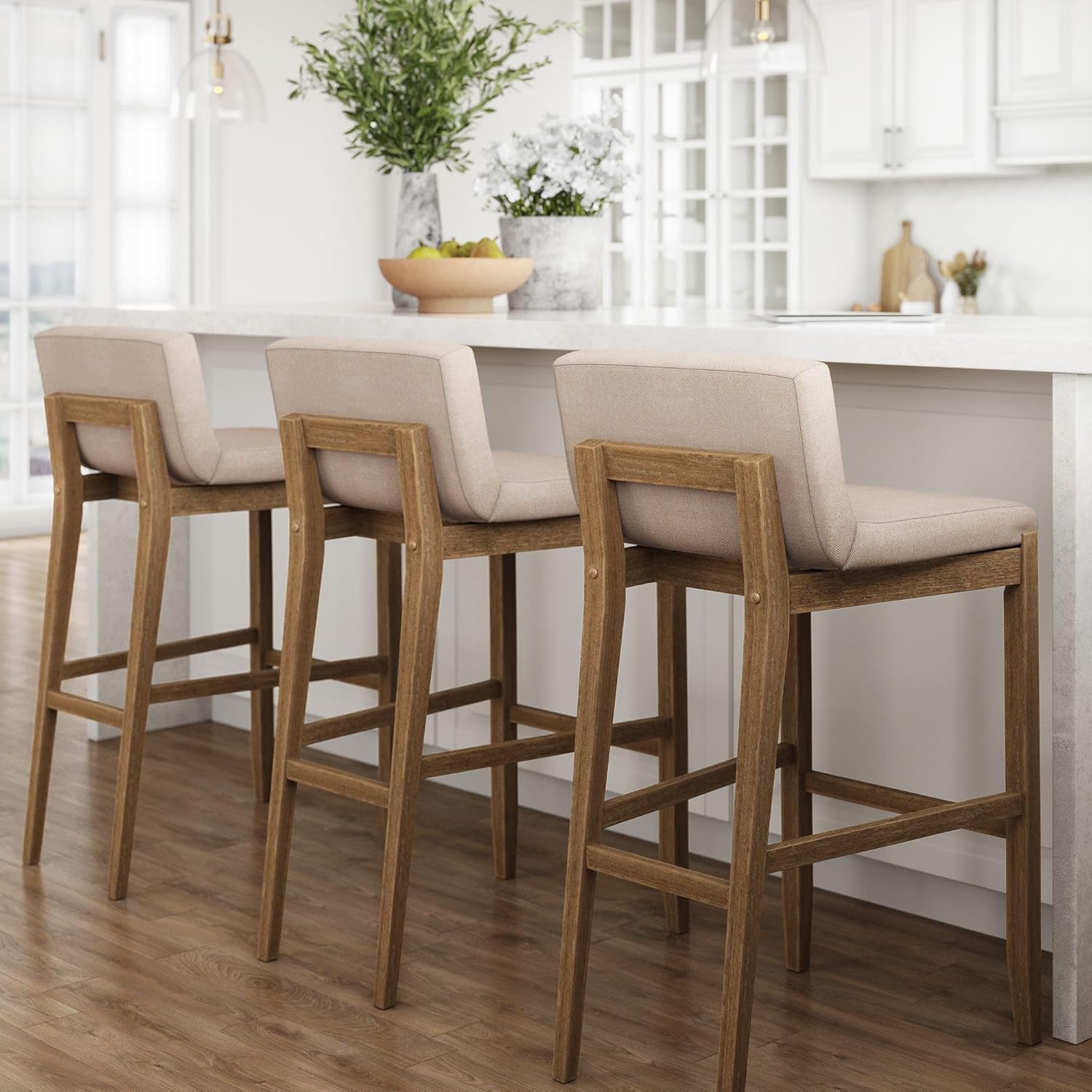 Nathan James Gracie Modern Bar Stool with Back, Cushioned Bar Height Stool with Natural Flax Upholstery and Brushed Wooden Legs, Natural Flax/Brown Nathan James Gracie Modern Bar Stool with Back, Cushioned Bar Height Stool with Natural Flax Upholstery and Brushed Wooden Legs, Natural Flax/Brown
