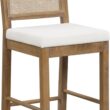 Nathan James Bailey Boucle Upholstered Rattan Bar Stool, Counter Height Stool with Natural Rattan Woven Back For Kitchen Island, Light Brown