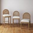 Nathan James Bailey Boucle Upholstered Rattan Bar Stool, Counter Height Stool with Natural Rattan Woven Back For Kitchen Island, Light Brown