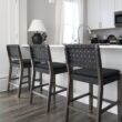 Nathan James Cohen Mid-Century Modern Leather Bar Stool, Counter Height Chair in Solid Wood Frame with Footrest and Woven Leather Back for Kitchen, Black