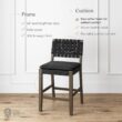 Nathan James Cohen Mid-Century Modern Leather Bar Stool, Counter Height Chair in Solid Wood Frame with Footrest and Woven Leather Back for Kitchen, Black