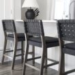 Nathan James Cohen Mid-Century Modern Leather Bar Stool, Counter Height Chair in Solid Wood Frame with Footrest and Woven Leather Back for Kitchen, Black