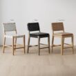 Nathan James Cohen Mid-Century Modern Leather Bar Stool, Counter Height Chair in Solid Wood Frame with Footrest and Woven Leather Back for Kitchen, Black