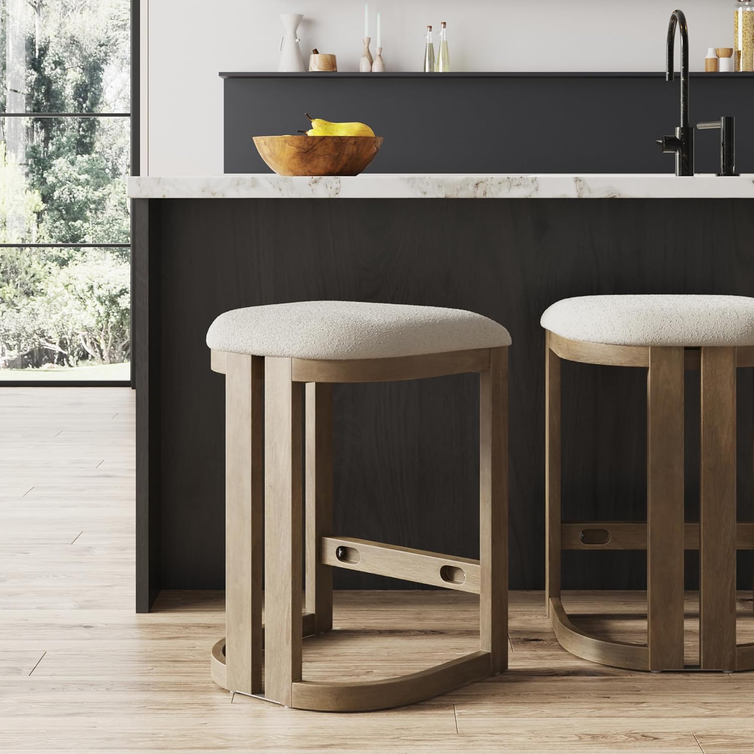 Nathan James Veya Modern Backless Bar Stool, Barrel Bar Stool with Boucle Upholstery and Solid Wood Legs, Light Brown Nathan James Veya Modern Backless Bar Stool, Barrel Bar Stool with Boucle Upholstery and Solid Wood Legs, Light Brown