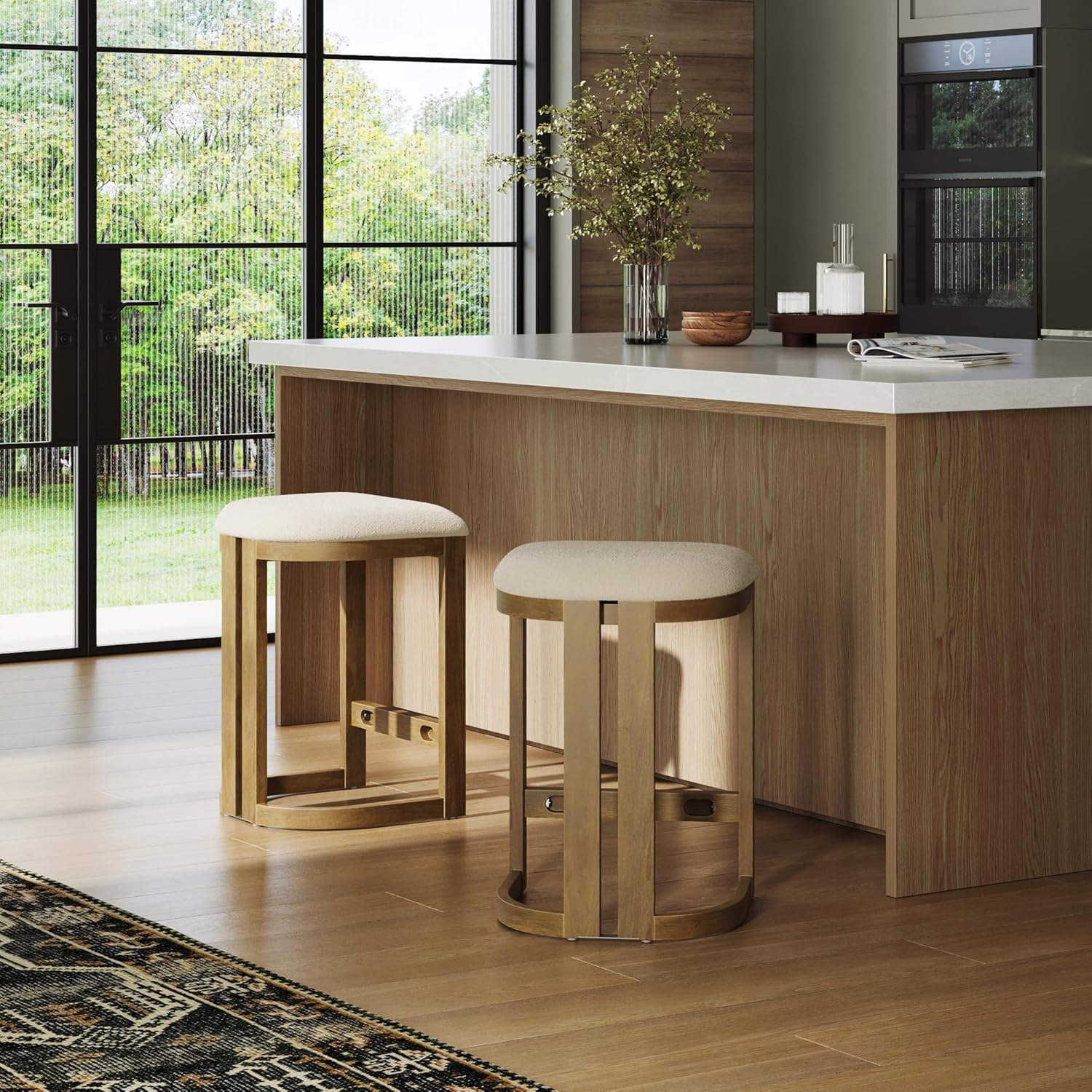 Nathan James Veya Modern Backless Bar Stool, Barrel Bar Stool with Boucle Upholstery and Solid Wood Legs, Light Brown Nathan James Veya Modern Backless Bar Stool, Barrel Bar Stool with Boucle Upholstery and Solid Wood Legs, Light Brown