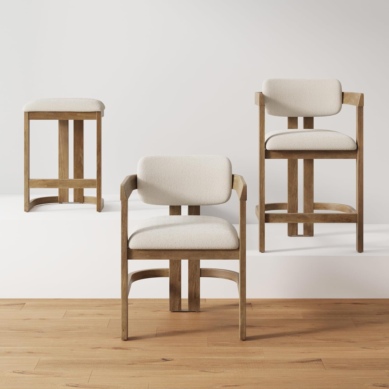 Nathan James Veya Modern Backless Bar Stool, Barrel Bar Stool with Boucle Upholstery and Solid Wood Legs, Light Brown Nathan James Veya Modern Backless Bar Stool, Barrel Bar Stool with Boucle Upholstery and Solid Wood Legs, Light Brown