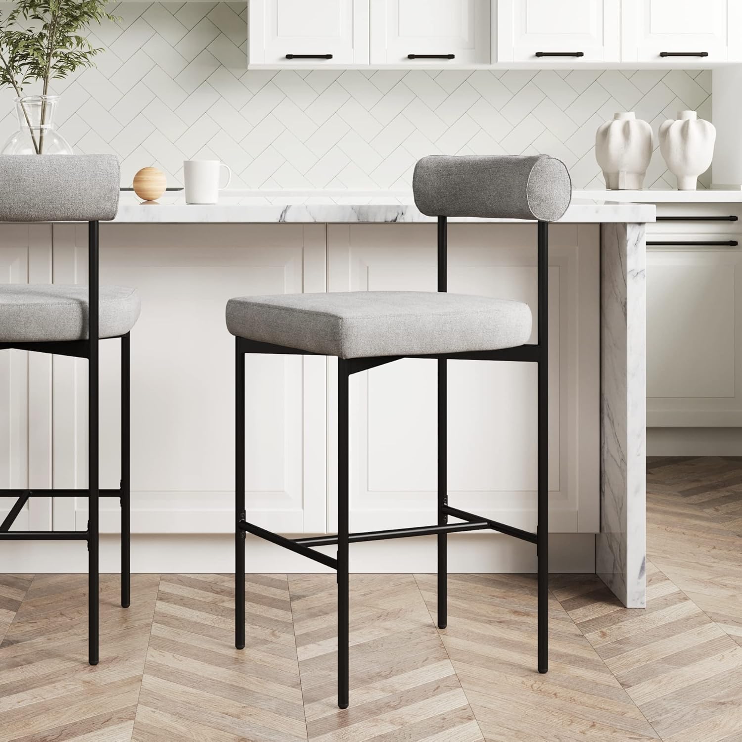 Nathan James Dahlia Counter Height Chair, Modern Barstool with Back, Mid-Century Metal Legs and Padded Cushion for Kitchen, Island and Bars, Light Grey/Black Nathan James Dahlia Counter Height Chair, Modern Barstool with Back, Mid-Century Metal Legs and Padded Cushion for Kitchen, Island and Bars, Light Grey/Black